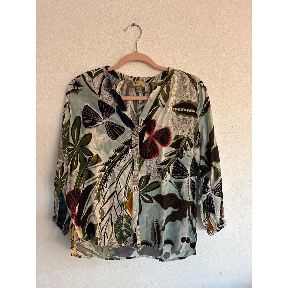 Elie Tahari Women Multi-Color Botanical Butterfly Print Button Up Blouse Top L